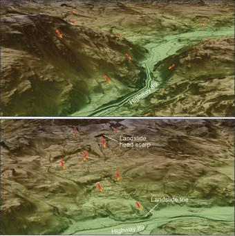 Shaded relief maps based on lidar data and showing landslides in the area of Yankee Jim Canyon, Montana. Lidar imagery is given as a colored, shaded slope map, with higher elevations in brown and white, and lower elevations in green. Darker shading indicates steeper slopes. / Credit: Lidar visualization by Yann Gavillot, MBMG, using 3-D scene in ArcGis Pro / U.S. Geological Survey