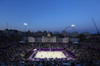 LONDON, ENGLAND - JULY 28: A general view during the Women's Beach Volleyball Preliminary Round between Switzerland and Greece on Day 1 of the London 2012 Olympic Games at Horse Guards Parade on July 28, 2012 in London, England. (Photo by Ryan Pierse/Getty Images)