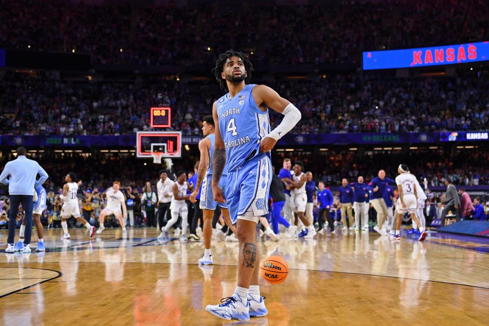 Apr 4, 2022; New Orleans, LA, USA; North Carolina Tar Heels guard R.J. Davis (4) reacts after losing the 2022 NCAA men's basketball tournament Final Four championship game against the Kansas Jayhawks at Caesars Superdome. Mandatory Credit: Bob Donnan-USA TODAY Sports