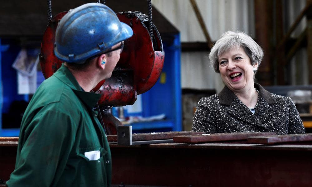 Theresa May visits a steelworks in Newport, south Wales, on Tuesday.