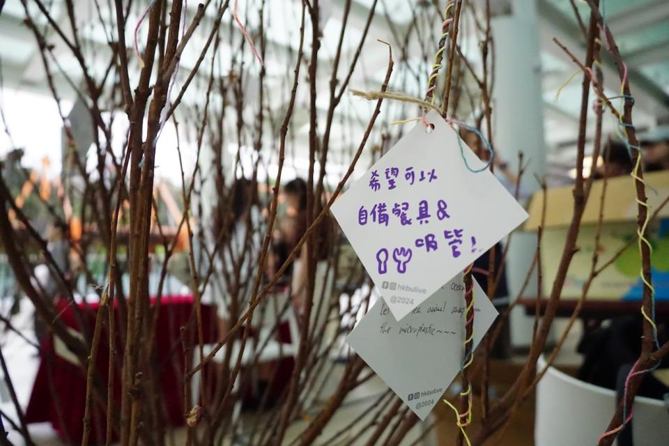 桃花樹經處理後有淨化空氣的作用，樹上並掛有同學們寫的「許願咭」，項目結束後會繼續擺放在校園。