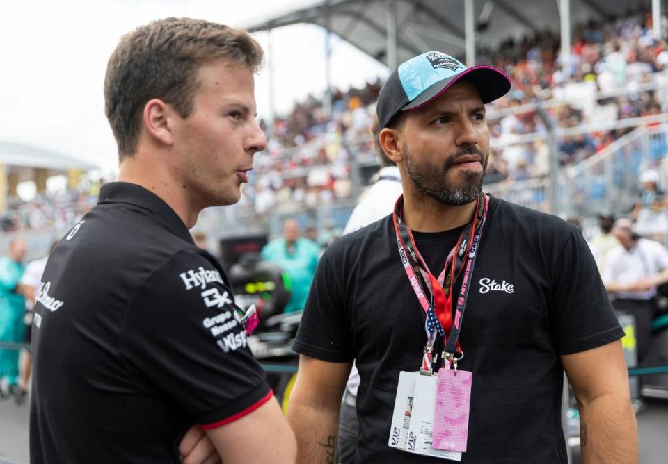 Former Argentine soccer player Sergio Agüero is seen at the grid before the start of the Formula One Miami Grand Prix at the Miami International Autodrome on Sunday, May 7, 2023, in Miami Gardens, Fla.