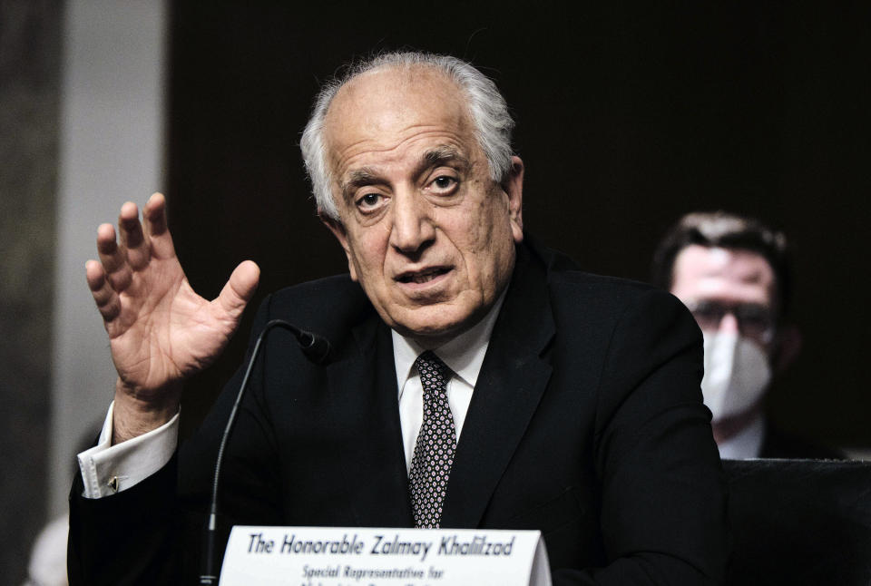 Zalmay Khalilzad, special envoy for Afghanistan Reconciliation, testifies before the Senate Foreign Relations Committee on Capitol Hill in Washington, April 27, 2021, during a hearing on the Biden administration's Afghanistan policy and plans to withdraw troops after two decades of war. (T.J. Kirkpatrick/The New York Times via AP, Pool)