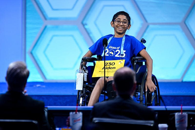 Aiden Wijeyakulasuriya of Madison competes in the quarterfinals of the 2023 Scripps National Spelling Bee in National Harbor, Md., on Wednesday.