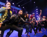 <p>Chris Sullivan, Andrew Bancroft, Daveed Diggs, Aneesa Folds, Lin-Manuel Miranda, Anthony Veneziale and Kaila Mullady hit their marks during the re-opening night curtain call of <em>Freestyle Love Supreme</em> on Broadway at The Booth Theatre on Oct. 19.</p>