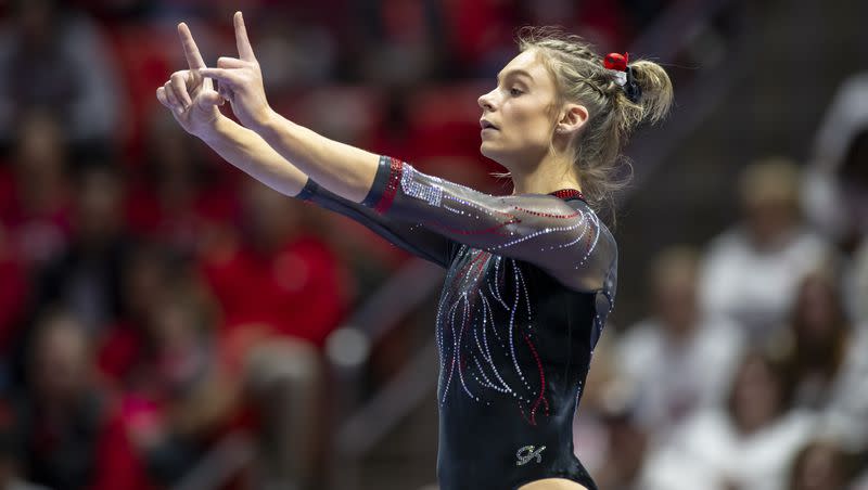 In her return from a hyperextended knee, Utah’s Grace McCallum competed twice in the semifinals of the NCAA women’s gymnastics championships, scoring above a 9.90 on both of her routines.