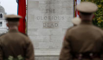 <p>Members of the Western Front Association stand at the Cenotaph in a service to remember servicemen and women killed conflict, in London, Britain, Nov. 11, 2017. (Photo: Peter Nicholls/Reuters) </p>