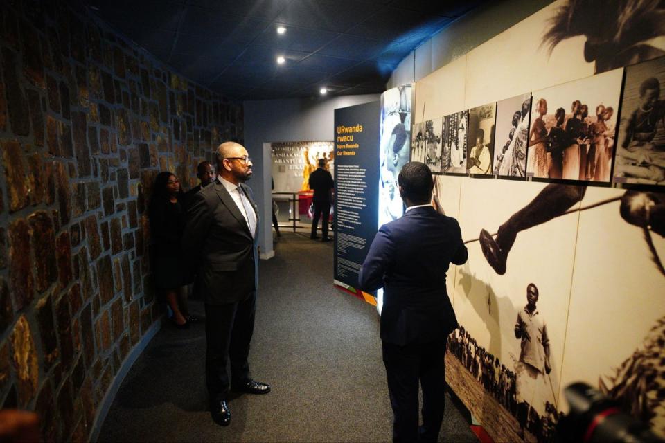 Home Secretary James Cleverly at the Kigali Genocide Memorial during his visit to Kigali, Rwanda (PA)
