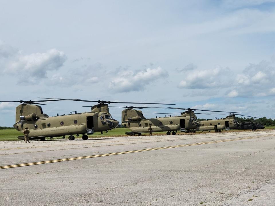 The Florida National Guard positioned several helicopters at Melbourne Orlando International Airport in advance of Hurricane Idalia's arrival.