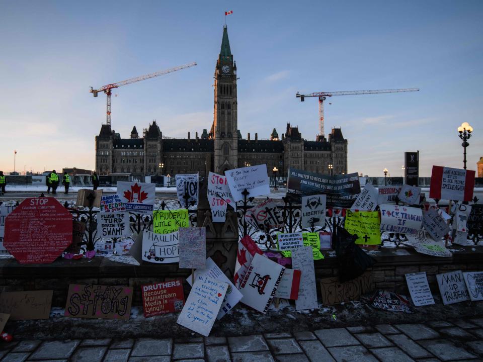 Placards in support of Canada’s truckers (AFP via Getty Images)