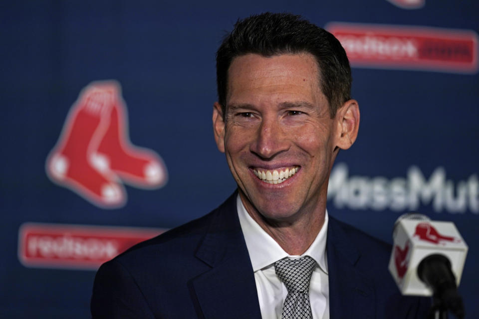 Craig Breslow smiles while being introduced as the Boston Red Sox chief baseball officer during a press availability at Fenway Park, Thursday, Nov. 2, 2023, in Boston. (AP Photo/Charles Krupa)