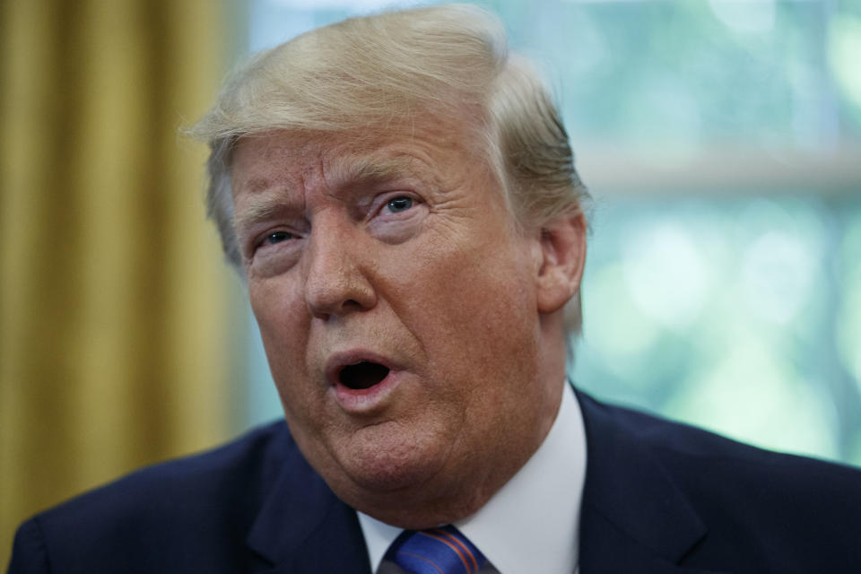 President Donald Trump speaks during a signing ceremony in the Oval Office of the White House in Washington, Monday, July 1, 2019. (AP Photo/Carolyn Kaster)