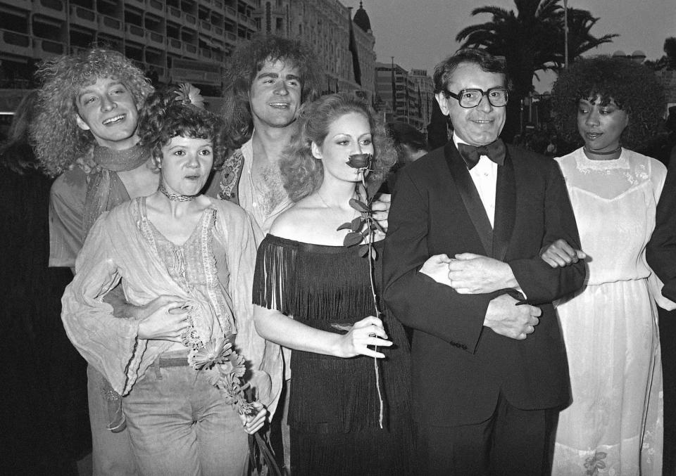 U.S. actors, from left, Don Dacus, Annie Golden, Treat Williams, Beverly d'Angelo, director Milos Forman, and Cheryl Barnes arrive for the presentation of "Hair" during the 32nd Cannes Film Festival in Cannes, France May 10, 1979. Williams, whose nearly 50-year career included starring roles in the TV series “Everwood” and the movie “Hair,” died Monday, June 12, 2023, after a motorcycle crash in Vermont, state police said. He was 71.