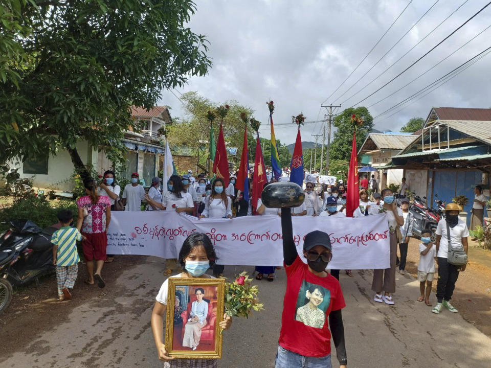 Demonstrators rally to mark the 79th birthday of the country’s ousted leader Aung San Suu Kyi in Launglon township in Tanintharyi region, Myanmar, Wednesday, June 19, 2024. (Democracy Movement Strike Committee-Dawei via AP)