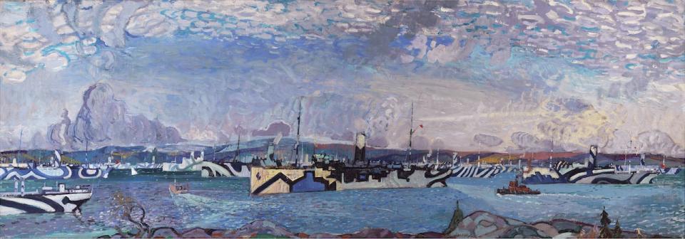 This large oil painting by Arthur Lismer, a future member of the Group of Seven, depicts merchant ships forming up in Bedford Basin, near Halifax, for a trans-Atlantic convoy.