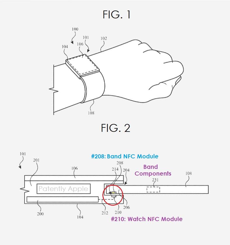 蘋果新專利可透過NFC晶片讓手錶與錶帶進行配對。（圖／翻攝自Patently Apple）