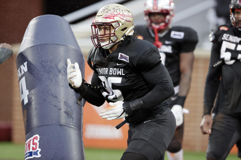 American Team defensive lineman Jermaine Johnson II of Florida State had a dominant week at the Senior Bowl. (AP Photo/Butch Dill)