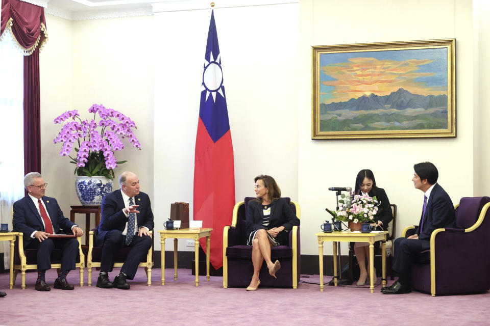 In this photo released by the Taiwan Presidential Office, from left Mark Alford, a member of the House Armed Services Committee, U.S. Democratic Congressman Dan Kildee, Lisa McClain, secretary-general of the Republican Caucus of the U.S. House of Representatives meets with Taiwan President-elect and Vice President Lai Ching-te in Taipei, Taiwan on Tuesday, April 23, 2024. McClain and Kildee jointly led a cross-party group of lawmakers to visit Taiwan from April 23 to 25 . Members also include Mark Alford, a member of the House Armed Services Committee. (Taiwan Presidential Office via AP)