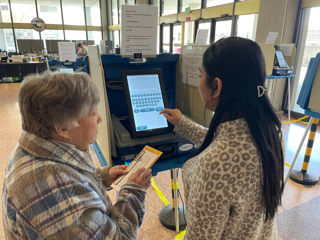 Absentee poll workers inspect voting machines in the County-City Building before last year's early voting. Early voting began this week and will end May 6, the day before the May 7 primary election. Tribune photo/Jordan Smith