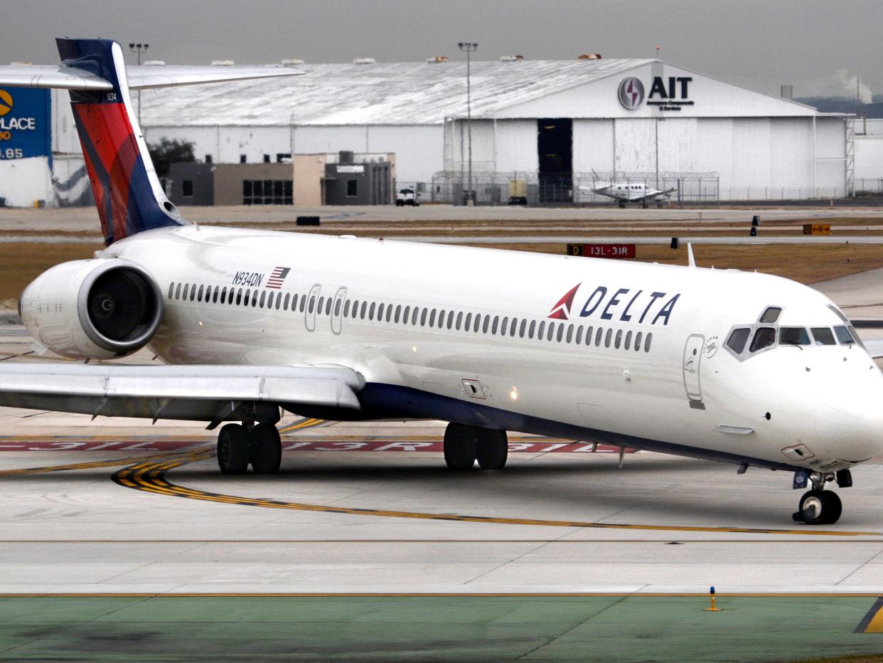 A Delta Airlines plane on the tarmac at San Antonio International Airport in Texas.