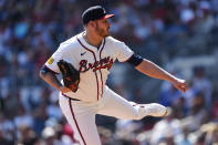 Atlanta Braves relief pitcher Tyler Matzek (68) works in the eighth inning of a baseball game against the Arizona Diamondbacks Sunday, April 7, 2024, in Atlanta. (AP Photo/John Bazemore)