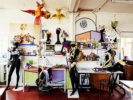 British designer Fred Butler's work is often graphic and sculptural; here, his studio is decorated with bright colors drawn in angular sharp lines.