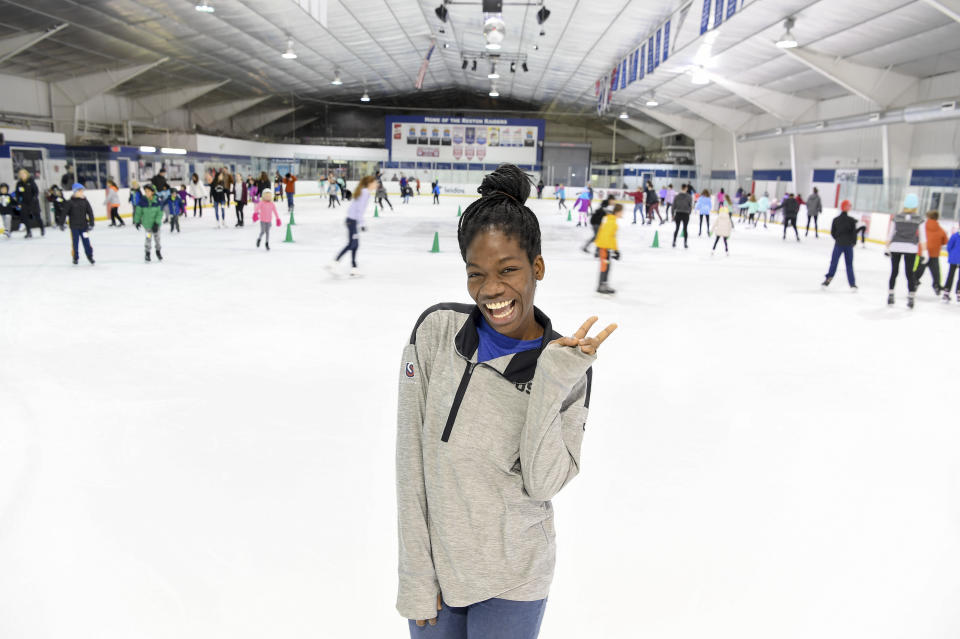 Maame Biney, 17-year old short track speed skater from Reston, poses on the SkateQuest ice rink where she first skated as a 5-year-old. (Getty Images)