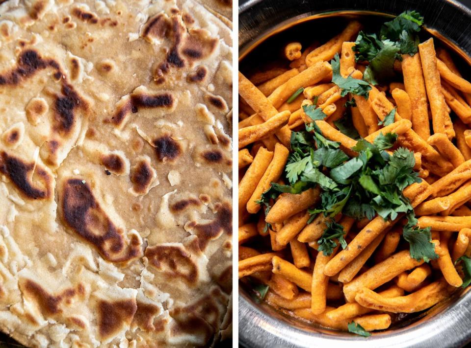 Two pieces of laccha paratha, left, and sev tamatar ki sabji, right