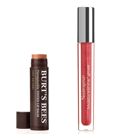 Burt's Bees Tinted Lip Balm in Rose, $7, burtsbees.com, and Neutrogena MoistureShine Gloss in Healthy Peach