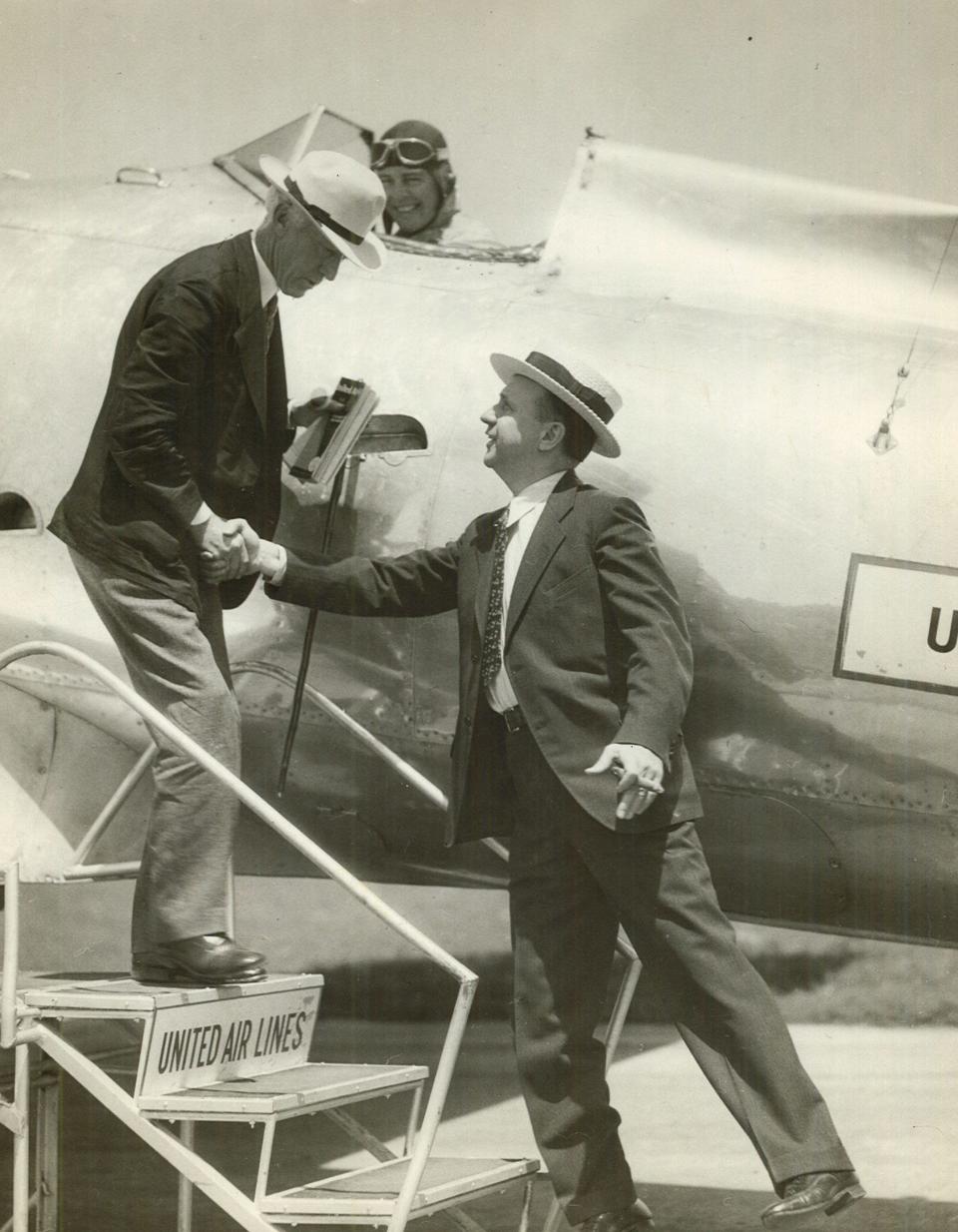 Lee Keyser, an owner of the minor league Des Moines Demons baseball team, welcomes baseball commissioner Kenesaw Mountain Landis to Des Moines in 1932 — two years after Des Moines was host to the first professional game played at night.