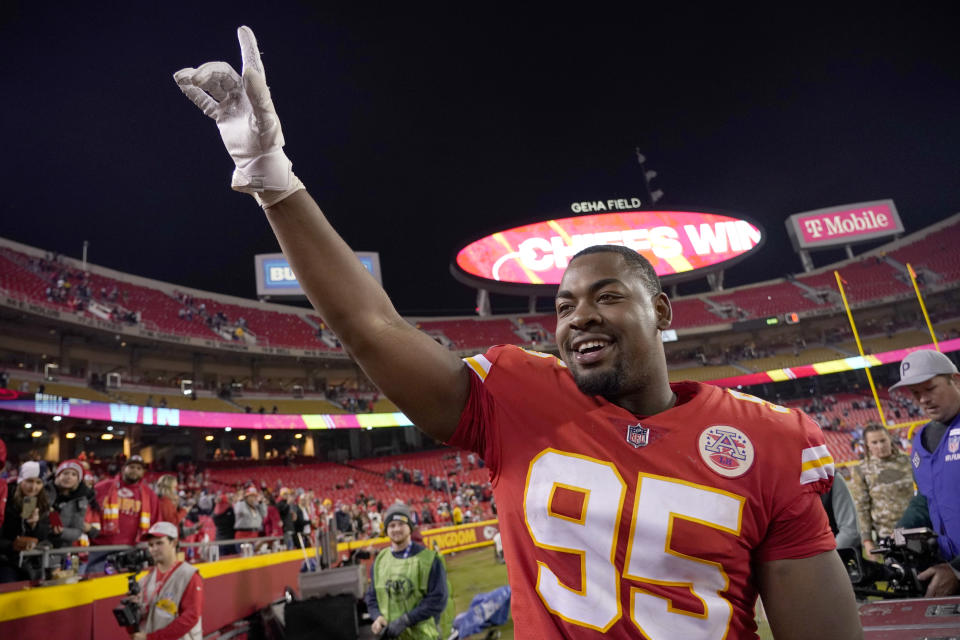 Kansas City Chiefs defensive tackle Chris Jones celebrates a 19-9 victory over the Dallas Cowboys in an NFL football game Sunday, Nov. 21, 2021, in Kansas City, Mo. (AP Photo/Ed Zurga)