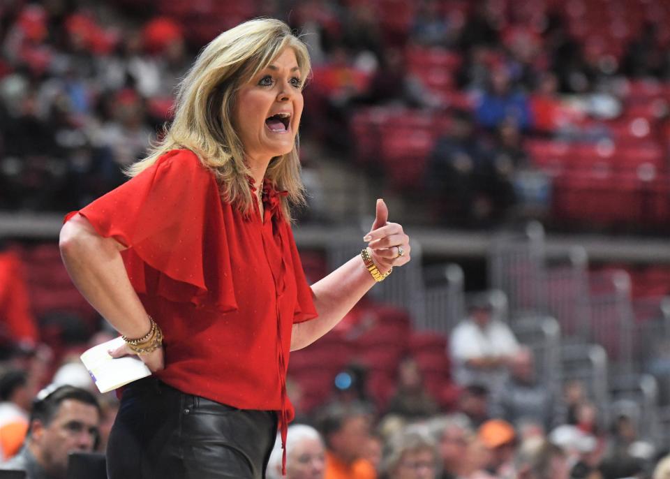 Texas Tech coach Krista Gerlich instructs her team against Oklahoma State in a Big 12 women's basketball game Saturday, Feb. 18, 2023, at United Supermarkets Arena.