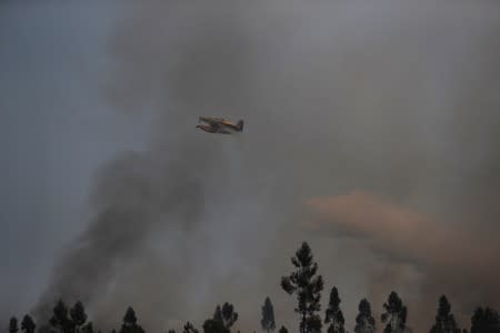 Firefighting plane dumps water on a forest fire next to the village of Vila de Rei