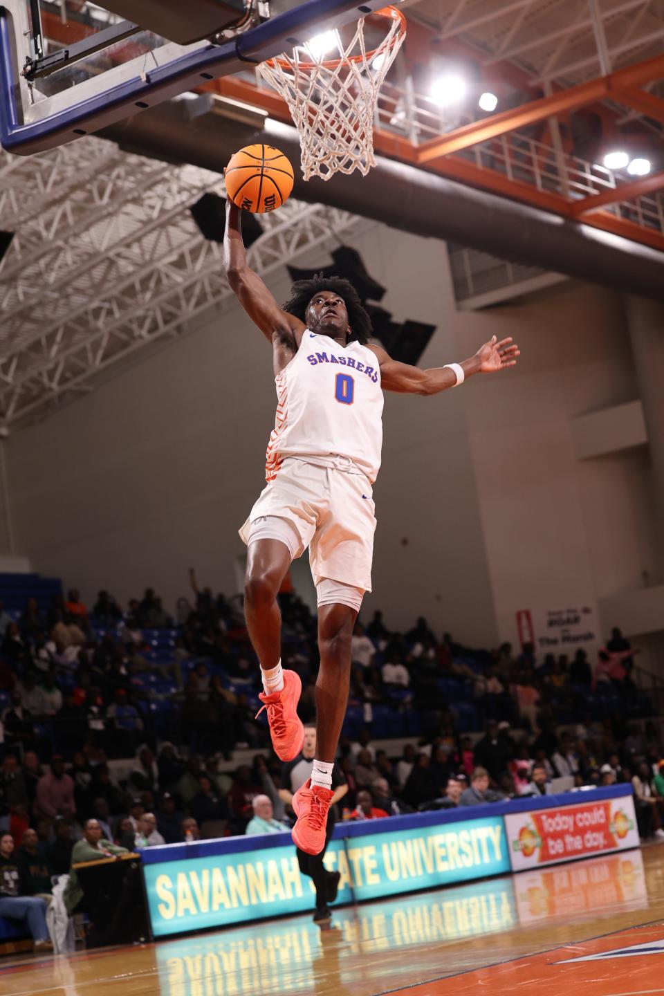 Johnson High's Joshua Quarterman flies in for a dunk on Saturday, March 2, 2024 during the State Class 3-A semifinals at Savannah State University.
