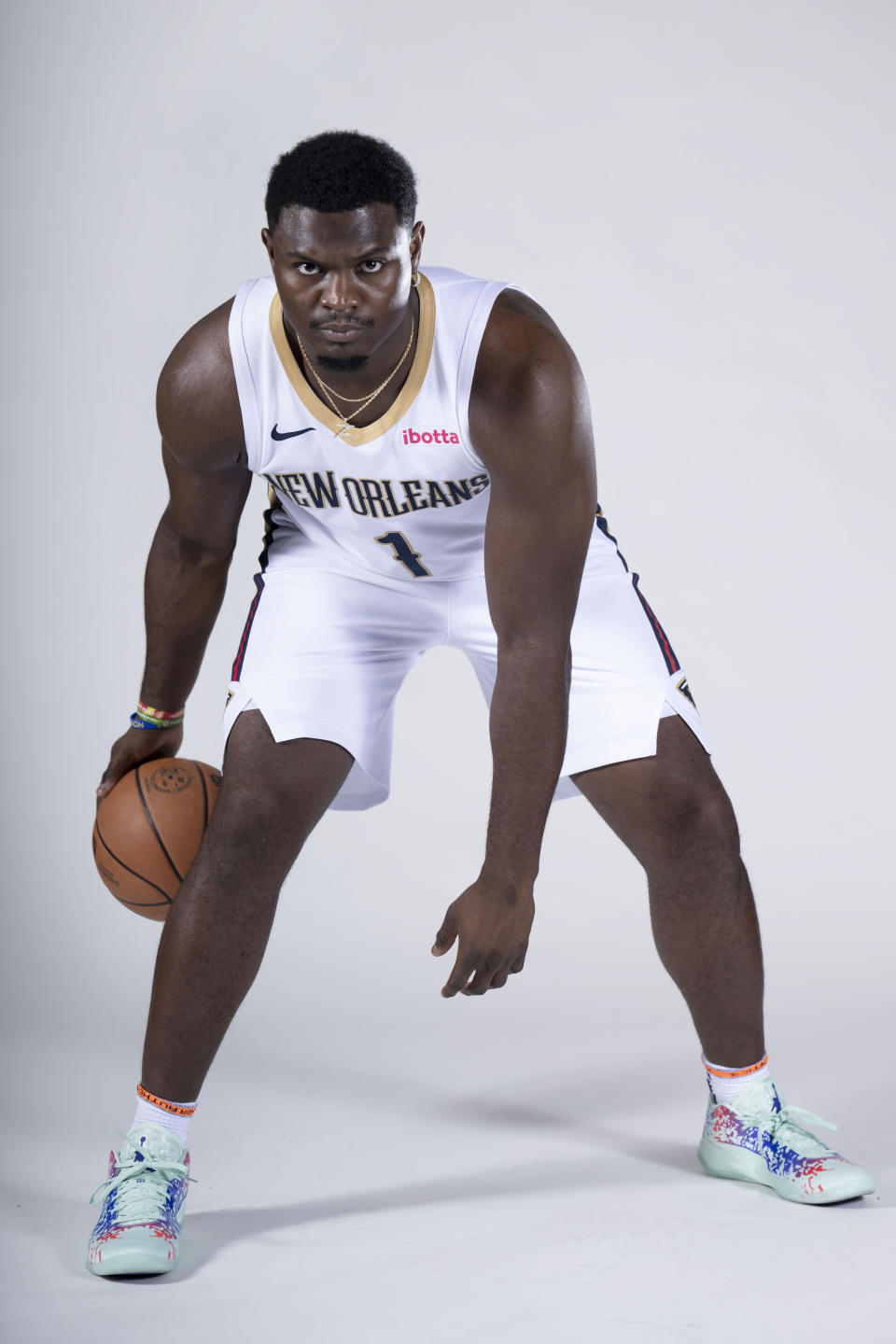 New Orleans Pelicans forward Zion Williamson poses for a portrait during the NBA basketball team's media day in New Orleans, Monday, Oct. 2, 2023. (AP Photo/Gerald Herbert)