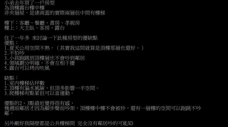 ▲網友在PTT上PO文，總結這種房型的優缺點。（圖／擷取自PTT《home-sale板》）