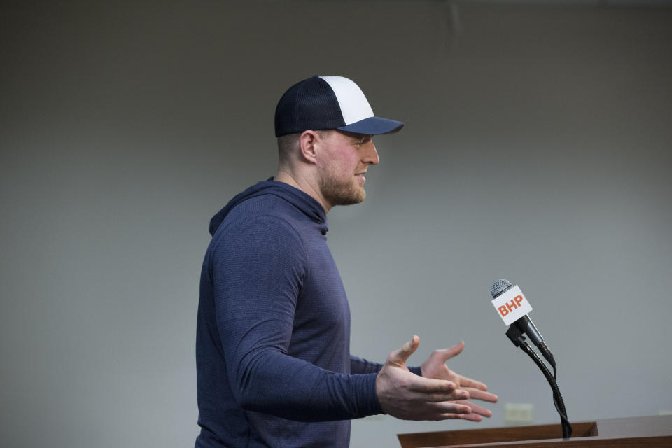 Houston Texans J.J. Watt speaks during a press conference on Tuesday, Dec. 24, 2019, in Houston. Watt will return to practice with the Houston Texans on Tuesday, clearing the way for the star defensive end to play in the team's playoff game in two weeks. (Yi-Chin Lee/Houston Chronicle via AP)