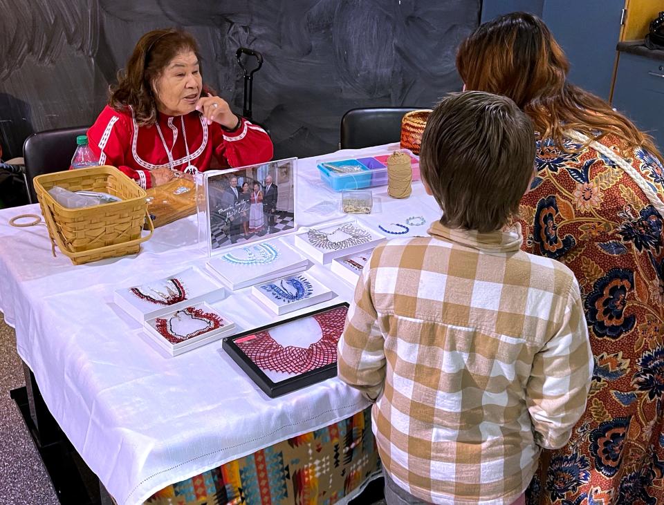 Sally Wells talks with workshop participants at the Discovery Center in Murfreesboro, Tenn., Sunday, Feb. 26, 2023.  Wells is an acclaimed artist in the Choctaw community of Tennessee and the newest 2023 artist in residence at the Discovery Center in Murfreesboro.