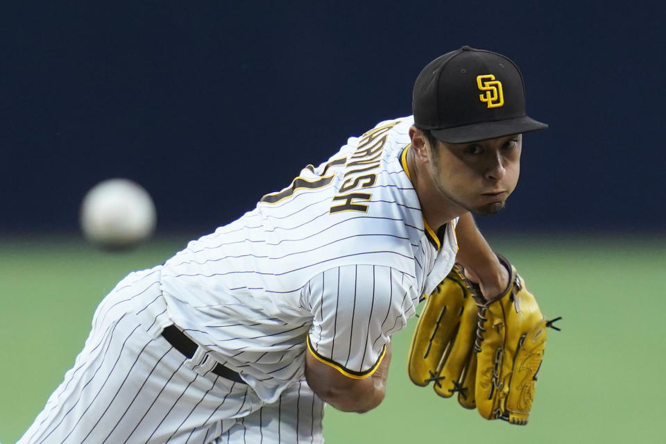 San Diego Padres starting pitcher Yu Darvish works against a Arizona Diamondbacks batter during the third inning of a baseball game, Monday, June 20, 2022, in San Diego. (AP Photo/Gregory Bull)
