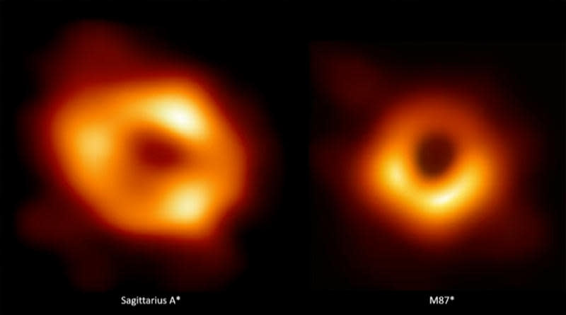 A combination of photos comparing the black hole at the center of the Milky Way, known as Sagittarius A*, or Sgr A* (left) and the one at the core of M-87 (right). / Credit: EHT Collaboration