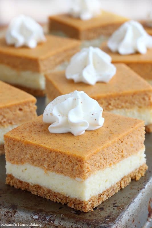 <p>Roxana's Home Baking</p><p>So easy to make and with the right amount of pumpkin flavor, these pumpkin cheesecake bars taste exactly like a cheesecake that crossed paths with a pumpkin pie – the best of both worlds!</p><p><strong>Get the recipe: <a href="http://atreatsaffair.com/pumpkin-cheesecake-bars-recipe/" rel="nofollow noopener" target="_blank" data-ylk="slk:Pumpkin Cheesecake Bars;elm:context_link;itc:0;sec:content-canvas" class="link ">Pumpkin Cheesecake Bars</a></strong></p>