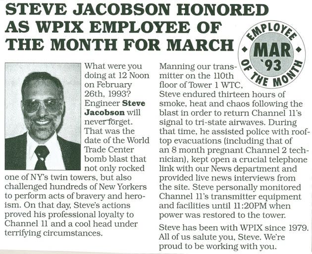 WPIX network awarded Steven Jacobson employee of the month for his heroic acts following the 1993 World Trade Center bombing. (Photo: Photo Courtesy of Miriam Jacobson)