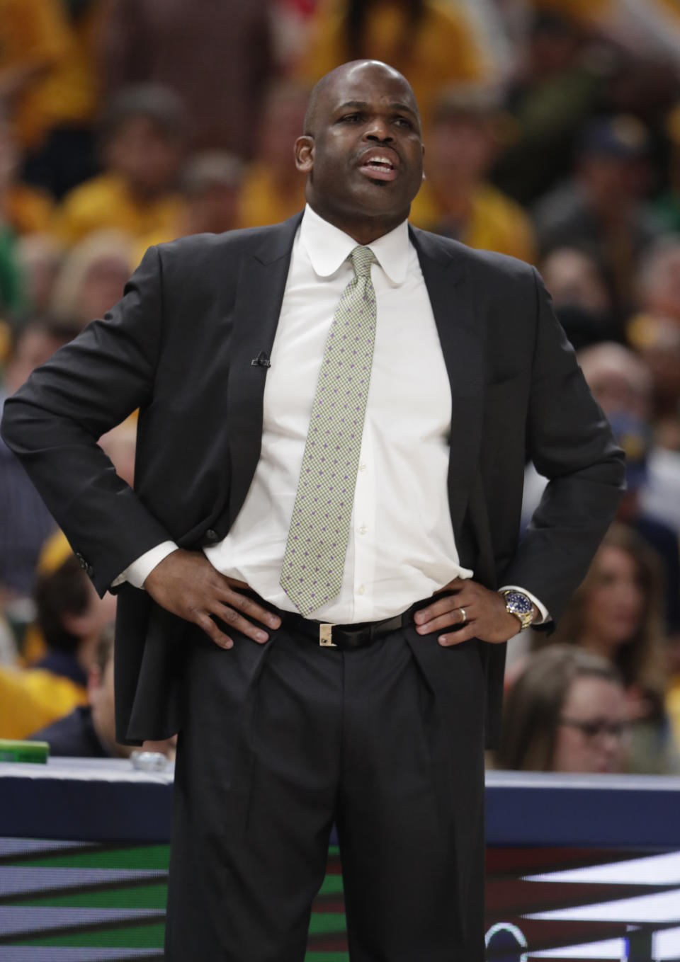 Indiana Pacers head coach Nate McMillan yells to his team as they played against the Boston Celtics during the first half of Game 4 of an NBA basketball first-round playoff series in Indianapolis, Sunday, April 21, 2019. (AP Photo/Michael Conroy)