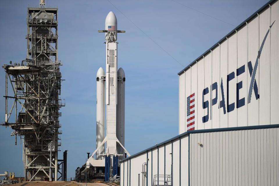 The SpaceX Falcon Heavy rocket sits on launch pad 39A at Kennedy Space Center as it is prepared for lift-off on February 5, 2018 in Cape Canaveral, Florida.  (Photo by Joe Raedle/Getty Images)