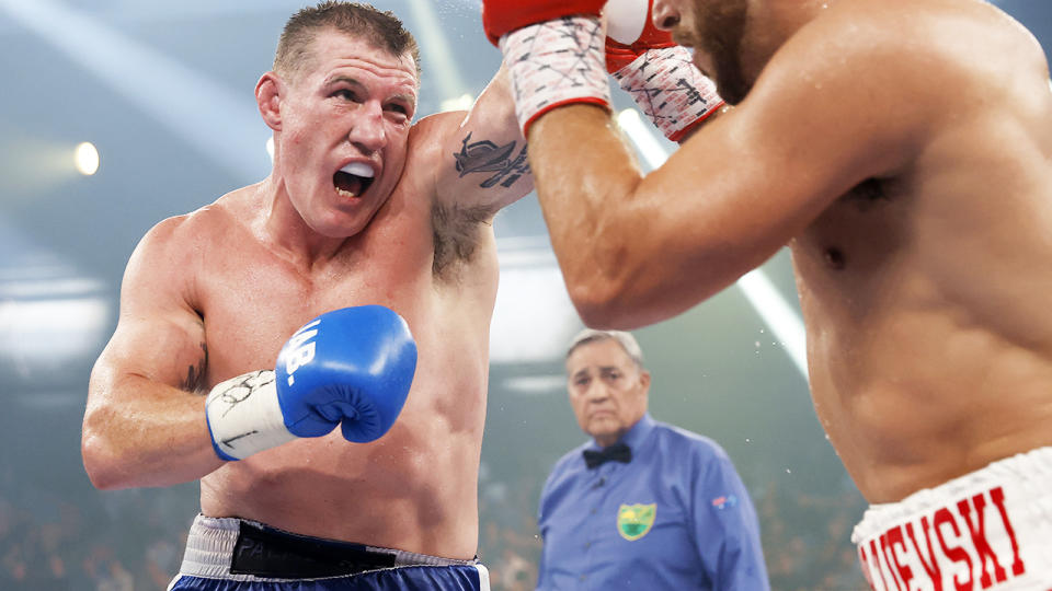 Paul Gallen in action against Kris Terzievski in Newcastle. (Photo by Mark Evans/Getty Images)