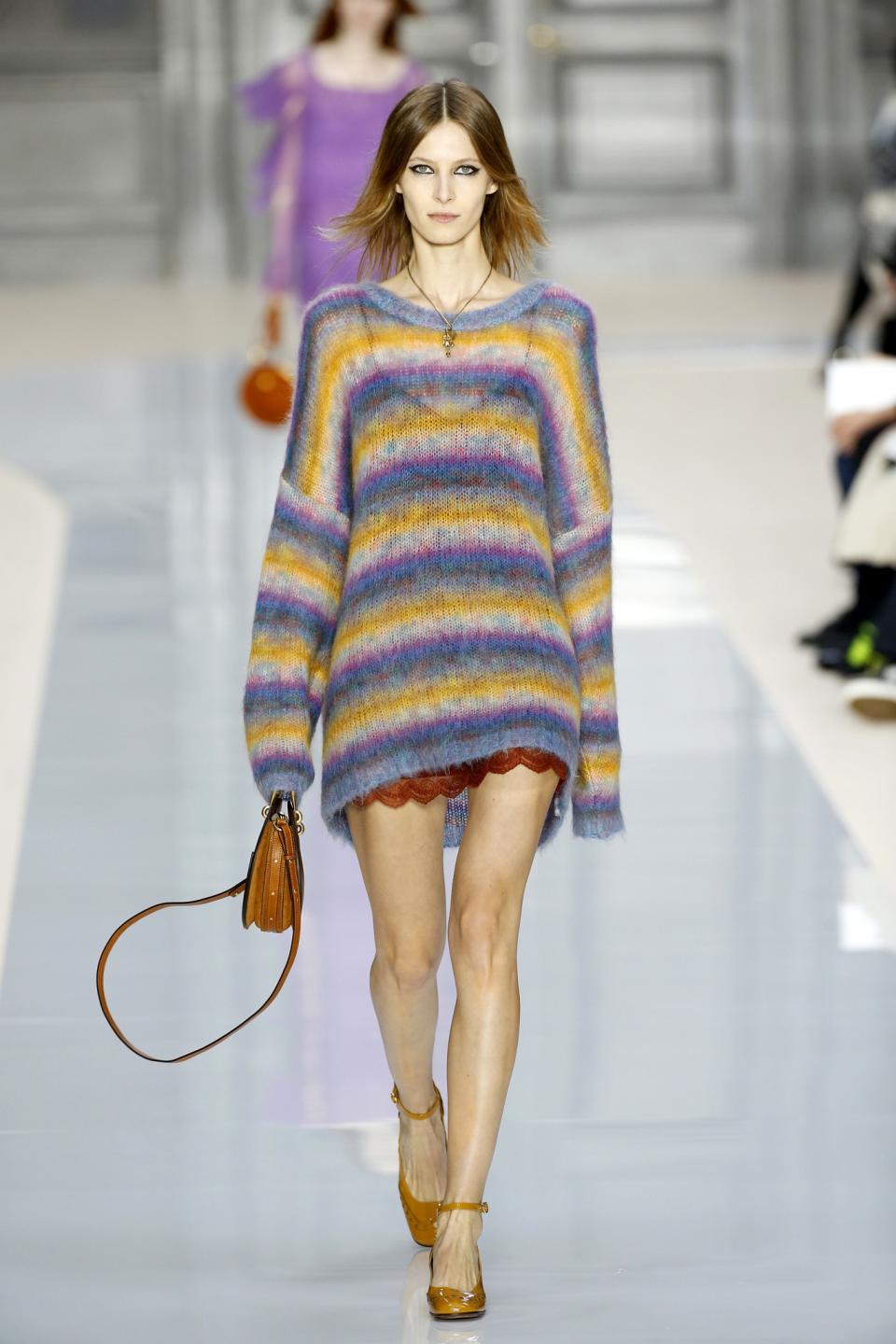 Model wears an oversized striped sweater at the Chloé Fall/Winter 2017 show