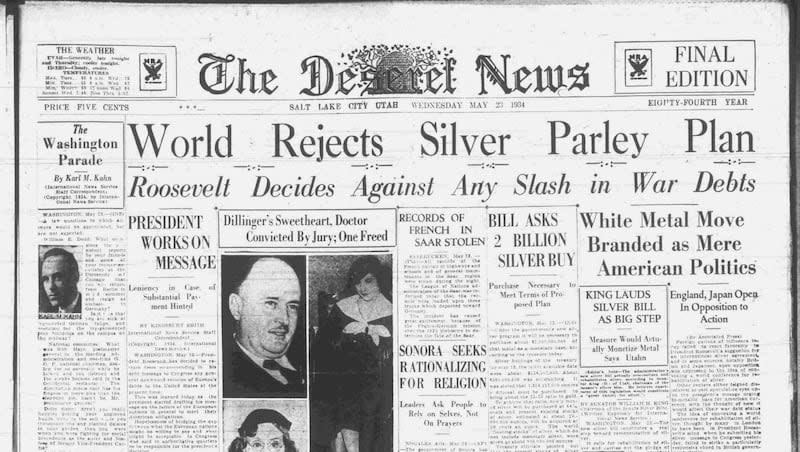 The front page of the Deseret News announcing the capture and deaths of Bonnie and Clyde in 1934.