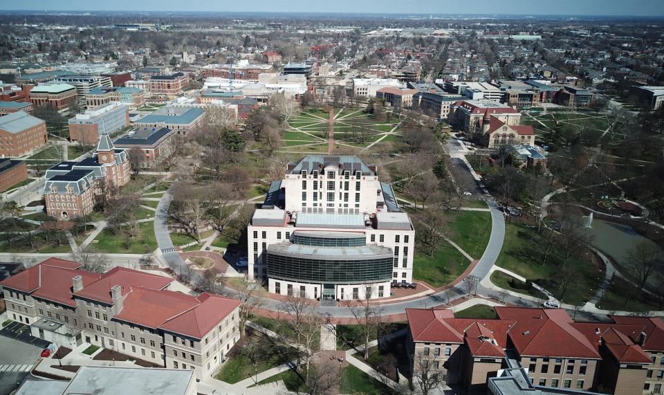 Drone view of the Oval, Thompson Library and the Ohio State University campus photographed March 25, 2020.