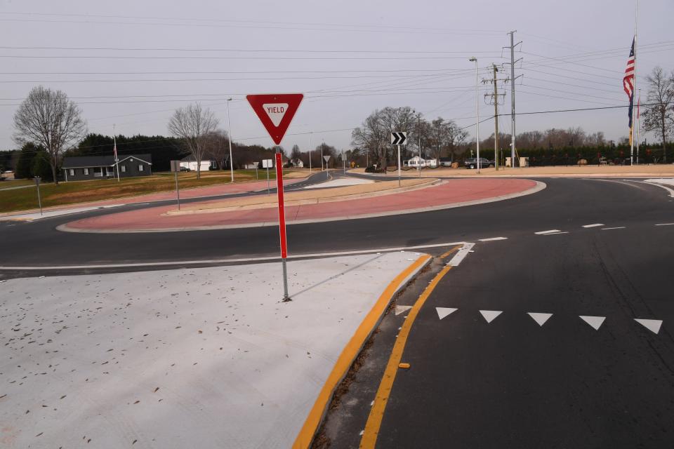 A yield sign on one side of the roundabout at Concord Road in Anderson.