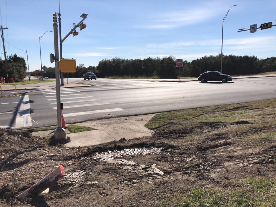 The intersection of SH 45 and FM 1826 on Dec. 6, 2023. Austin Police said a suspect in a shooting spree was arrested here on Dec. 5, following a pursuit with officers. (KXAN Photo/David Barer)